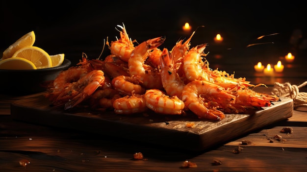 Fried prawn shrimps on a wooden board