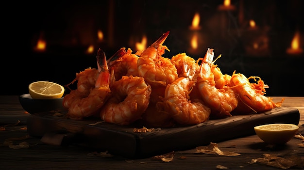 Fried prawn shrimps on a wooden board