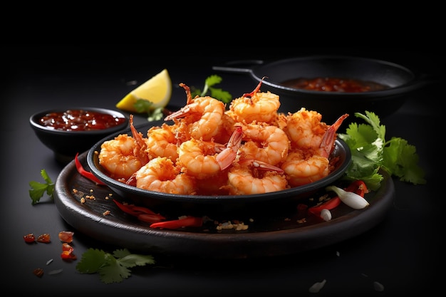 fried prawns on a black plate with chili sauce next to it