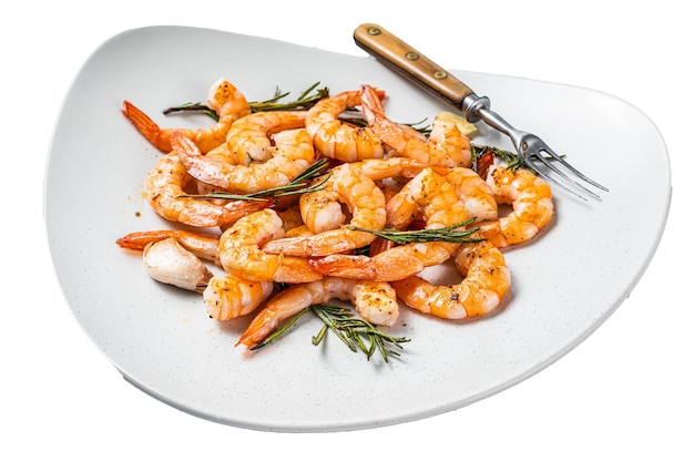 Fried Prawns Shrimps in a plate with herb and garlic Isolated on white background