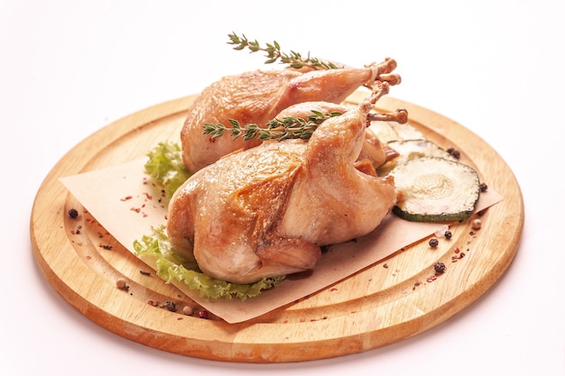Fried quail on a wooden cutting board isolated on a white