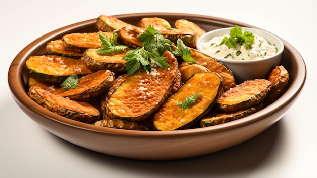 Fried raw eggplant slices in plate on white