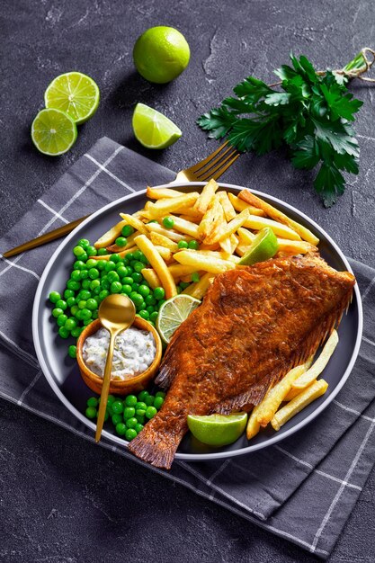 Fried redfish with chips green peas tartar sauce