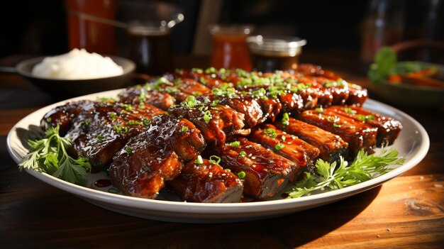 Fried ribs on white dish on wooden table