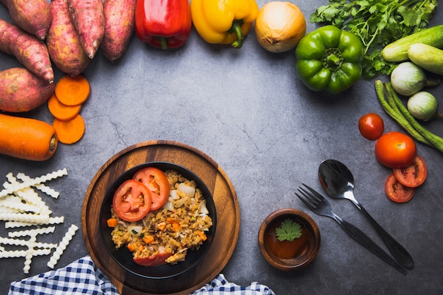 Fried rice mix with natural nutrition and fresh vegetables on dark cement floor background, clean eating concept and good healthy meal for menu