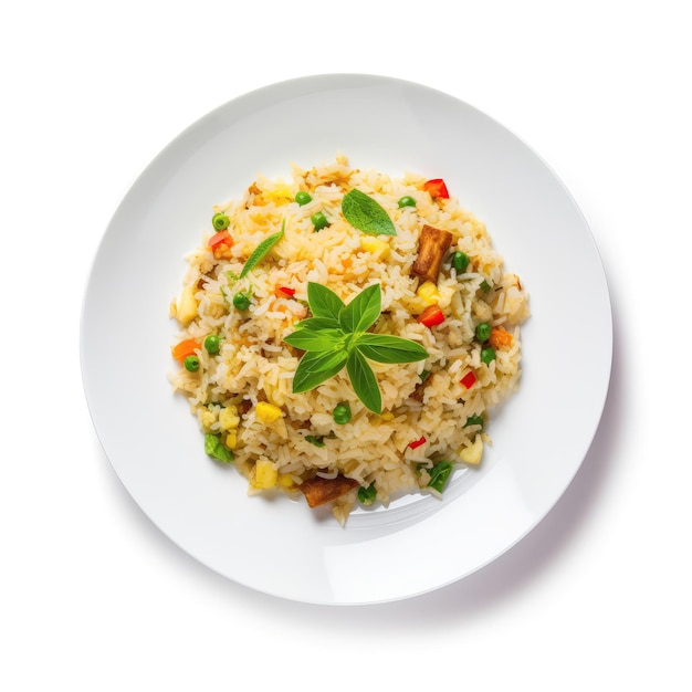 Photo fried rice sri lankan dish on a white plate on a white background directly above view