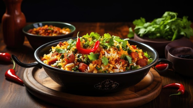 fried rice topped with prawns and vegetables on a plate with a blurred background