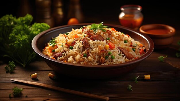 fried rice topped with prawns and vegetables on a plate with a blurred background