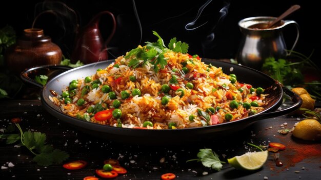 fried rice topped with prawns and vegetables on a plate with a blurred background