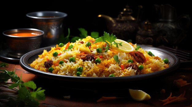 fried rice topped with prawns and vegetables on a plate with a blurred background