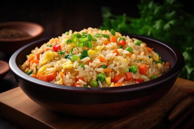 Fried rice and vegetables in a bowl Generated ai