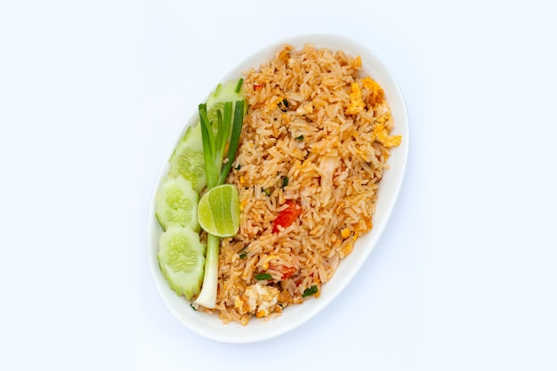 Fried rice in white plate on white background