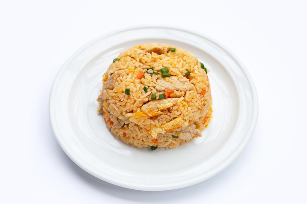 Fried rice in white plate on white background