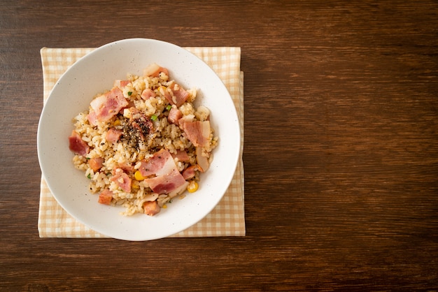 fried rice with bacon ham and black peppers bowl