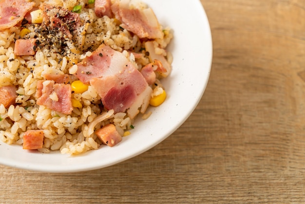 fried rice with bacon ham and black peppers bowl