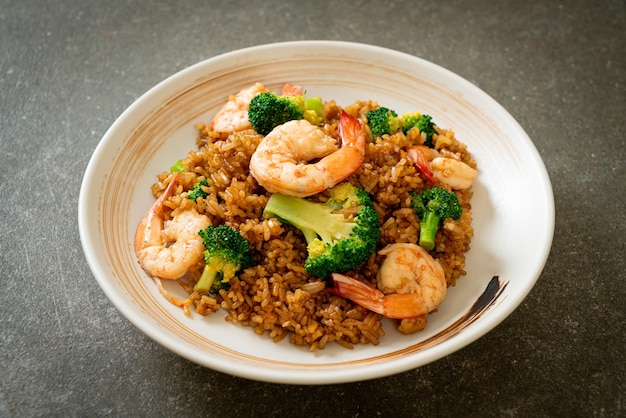 Fried rice with broccoli and shrimps