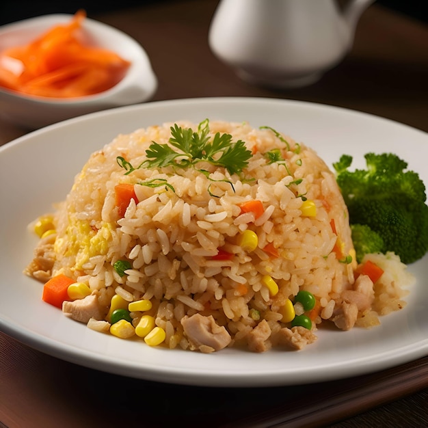 Fried rice with chicken carrot and corn on a white plate