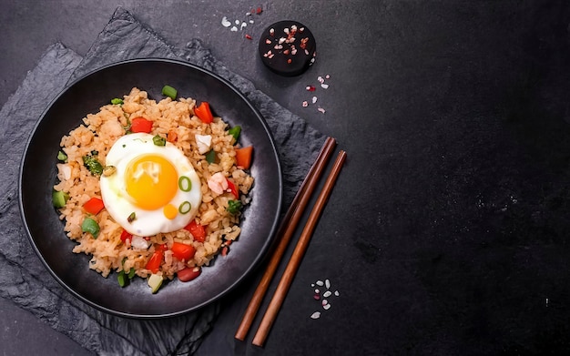 Fried rice with chicken egg and vegetables in a plate Black background