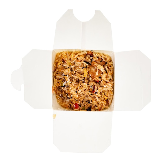 Fried rice with chicken pieces in box isolated