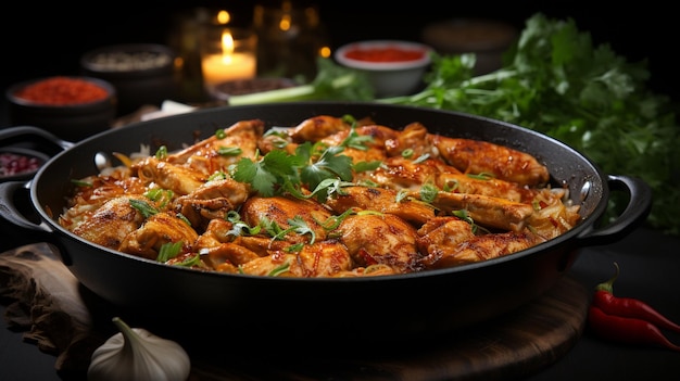 fried rice with chicken and vegetables in a frying pan