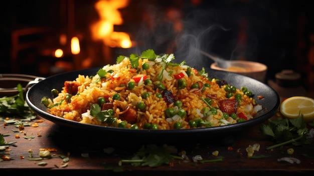 Жареный рис с нарезанными овощами и мясом на тарелке с размытым фоном