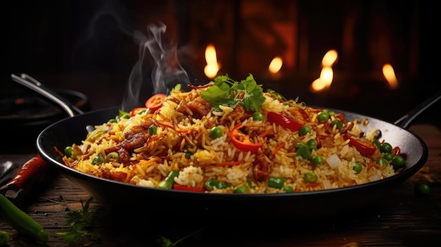 Fried rice with chopped vegetables and meat on a plate with a blurry background