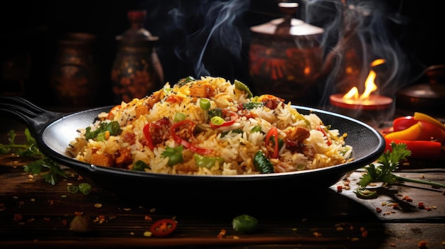 Fried rice with chopped vegetables and meat on a plate with a blurry background