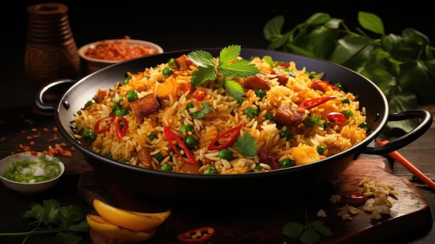 Fried rice with chopped vegetables and meat on a plate with a blurry background