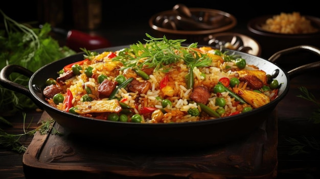 Жареный рис с измельченными овощами и мясом на тарелке с размытым фоном