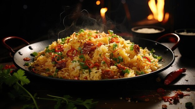 Fried rice with chopped vegetables and meat on a plate with a blurry background