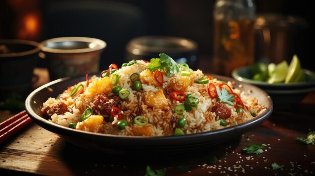 Fried rice with chopped vegetables and meat on a plate with a blurry background