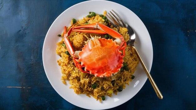 Fried rice with crab meat in white plate