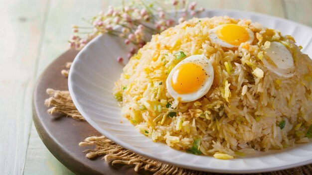 Fried rice with eggs in a white plate on wood surface