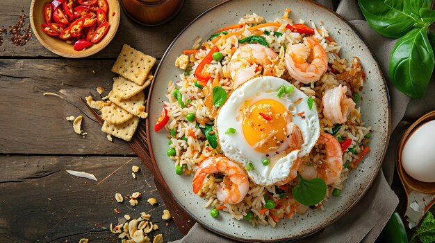 Photo fried rice with fried egg chili shrimp kerupuk crackers in plate on wooden background