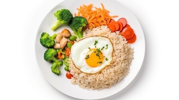 Жареный рис с жареным яйцом на тарелке на белом фоне Генеративный ИИ