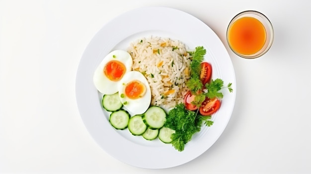 Fried Rice with fried egg topping on a plate white background Generative AI