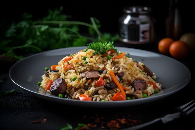 Fried rice with meat and vegetables in a plate on a black background