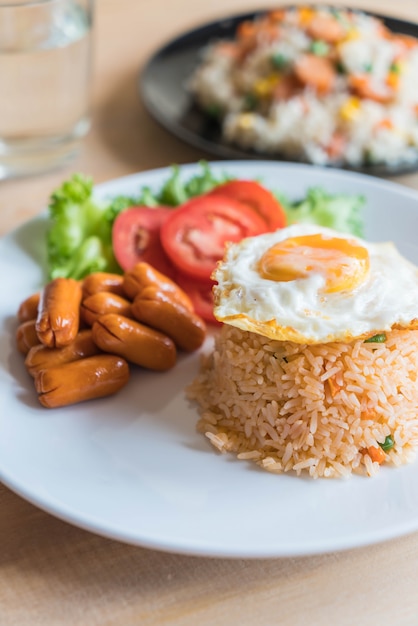 fried rice with sausage and fried egg