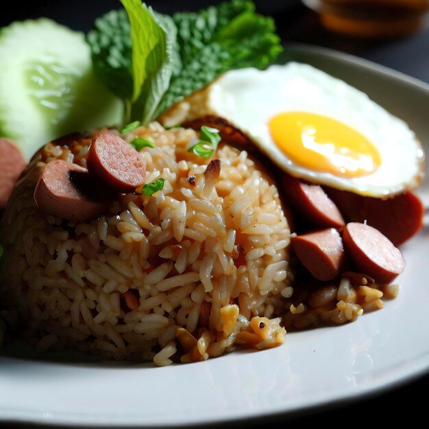 Fried rice with sausage and fried egg