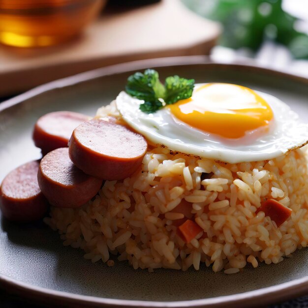 Fried rice with sausage and fried egg