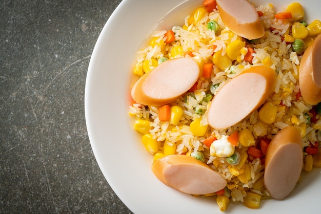 fried rice with sausage and mixed vegetable