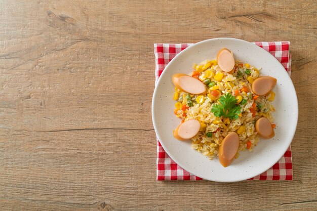 fried rice with sausage and mixed vegetable