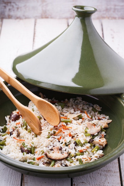 Fried rice with shiitake mushrooms in the tagine