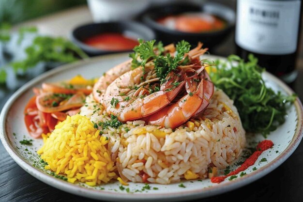 Fried rice with shrimp and prawn on top in white plate