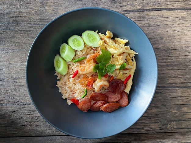 Fried rice with spicy shrimp paste dip on the table