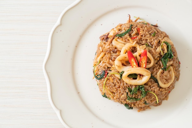 Fried rice with squid and basil in Thai style