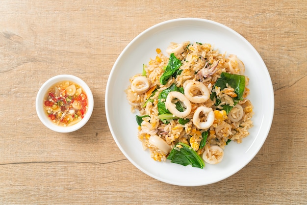 Fried rice with squid or octopus - stir-fried rice with squid, egg and kale