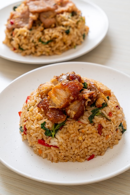 Fried rice with thai basil and crispy belly pork - thai food style