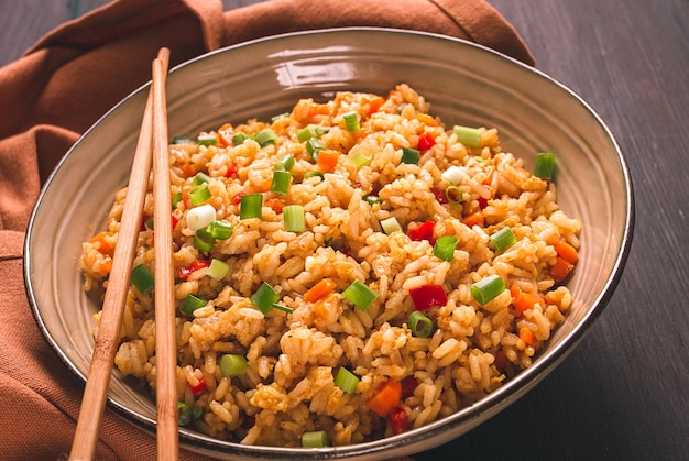 Fried Rice with vegetables and egg Chinese cuisine homemade no people