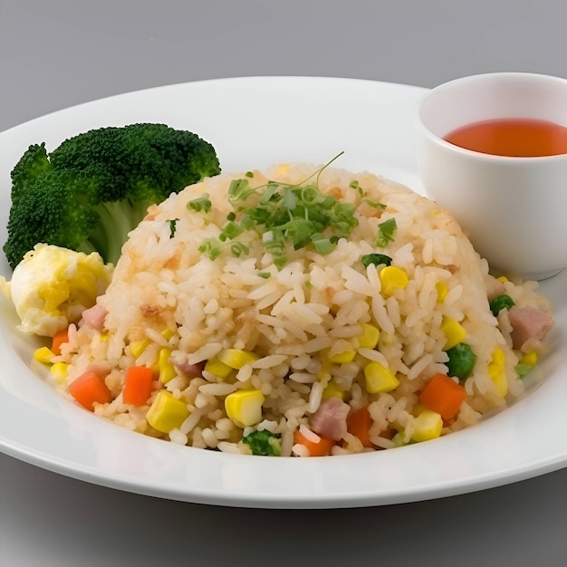 Fried rice with vegetables on a white plate closeup